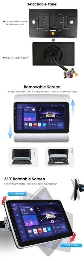 OSSURET Android 12 Autoradio mit 360 Grad drehbarem Bildschirm, CarPlay, GPS und USB, Schwarz, 1DIN - Bild 5