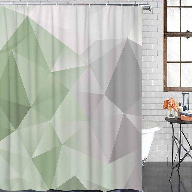 Wasserdichter Duschvorhang mit geometrischem Dreieck-Muster in Orange und Grün von Household supplies MH, inklusive Haken, B: 150 cm, H: 180 cm - Bild 1