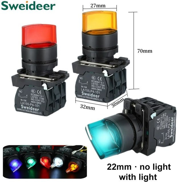 Sweideer XB4 Drehknopfschalter mit LED 22mm, 2/3-Positionen selbstverriegelnd, 1NO/2NO/1NO1NC Wahlschalter mit Beleuchtung, 12V 24V 220V 10A, Rot/Grün - Bild 1
