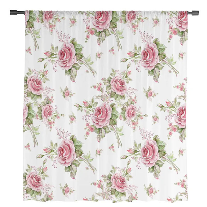 A Family Of Home Textiles Romantische Tüll-Vorhänge in Rosa, Transparente Chiffon-Vorhänge mit Blumenmuster, B/H: 135 x 114 cm, 2er-Set - Bild 4