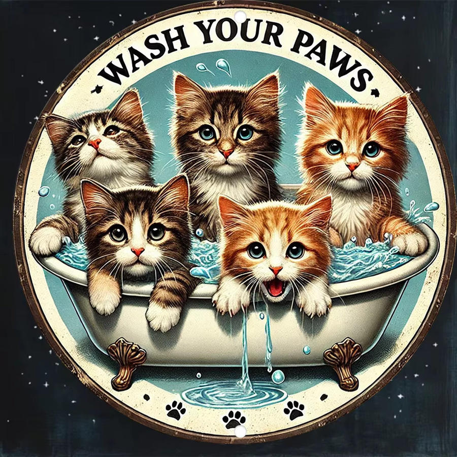 Potdemiel Vintage-Wandkunst aus Metall Wash Your Paws mit Kätzchen Illustration, Mehrfarbig, Durchmesser: 20,32 cm - Bild 3