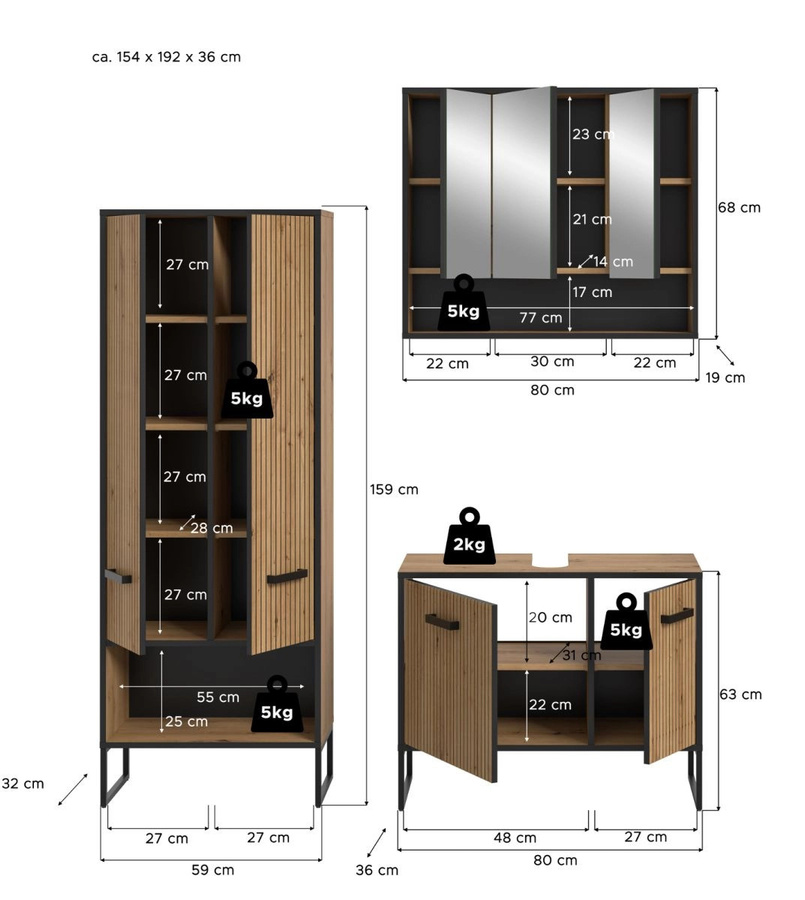 3-teiliges Badmöbel Set Scana von Inn.Furn in Eiche matt mit Waschtischunterschrank, Spiegelschrank und Hochschrank, B/H: 192 x 154 x 36 cm - Bild 5