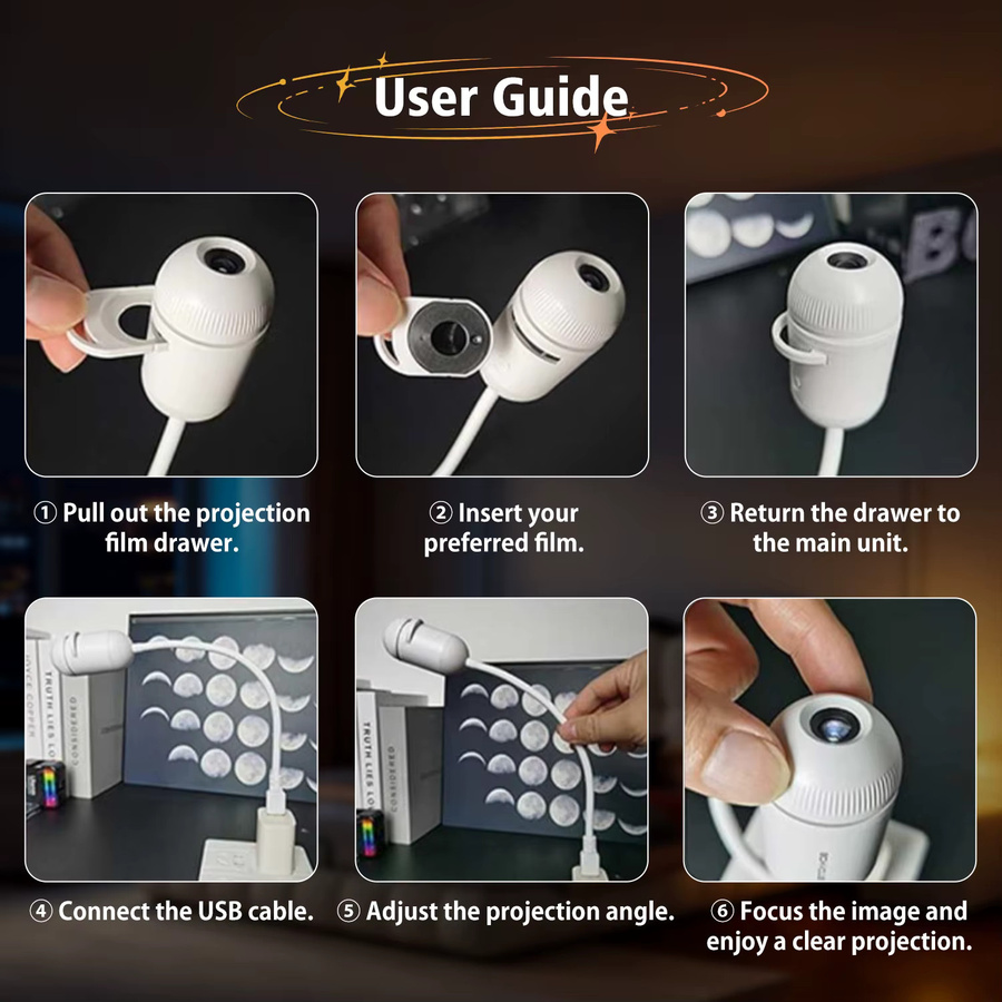 Donirt 2-in-1 USB Ambiente-Projektionslicht in Weiß mit einstellbarem Fokus für Auto-Innenbeleuchtung und Sternenhimmel-Effekt als romantische Saturn-Galaxie-Nachtlampe - Bild 4