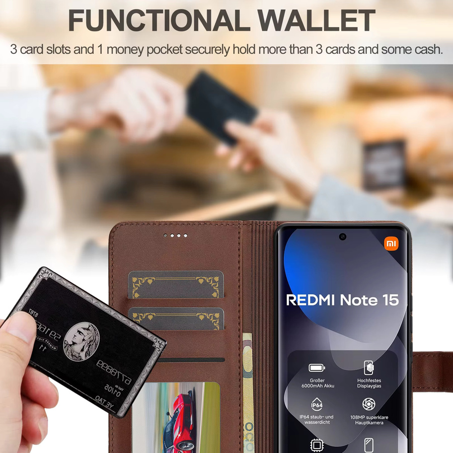 Luxuriöse PU-Leder Handyhülle im Flip-Design für Xiaomi Redmi Note 15, Redmi Note 14 Pro + Plus und Redmi 14C als Brieftasche mit Kartenetui, Stoßfest, Grau oder Braun - Bild 4