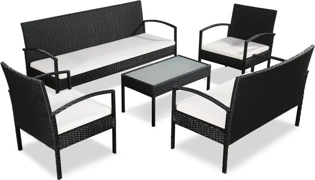 vidaXL 5-tlg. Garten-Lounge-Set aus Poly Rattan und Metall in Schwarz mit Auflagen und Glastisch - Bild 1