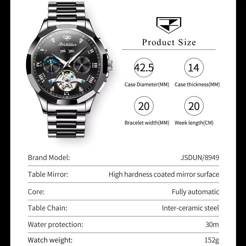 Jsdun Armbanduhr Automatik, Keramik, Schwarz, Herren - Bild 5