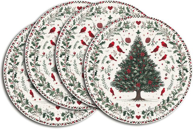 VIKAMA Weihnachtsbaum Platzset Set mit bunten Vögeln, Stechpalmenblatt und roten Herzen für die Tischdekoration - Bild 1