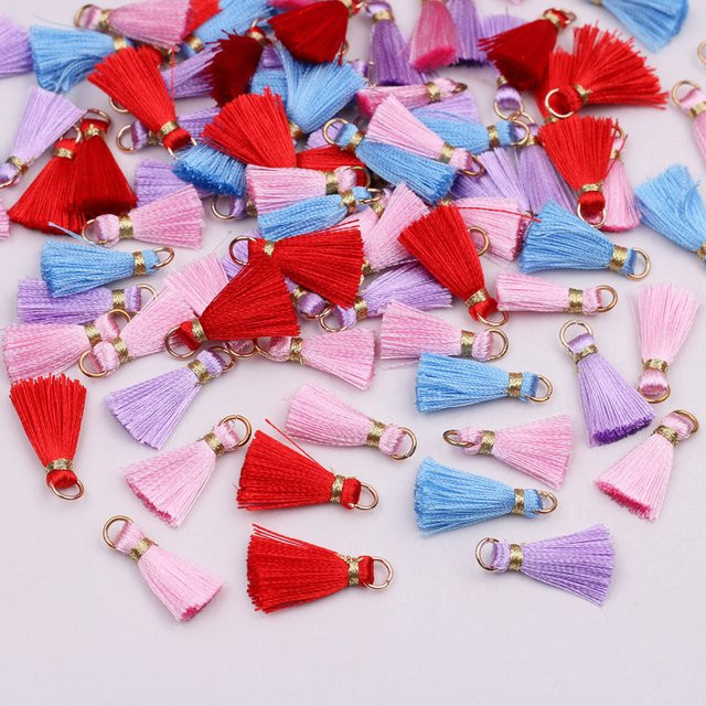 Handgefertigte Mini-Quasten mit Schlaufe für DIY-Projekte, Textil, Farben: Rot, Rosa, Grün, Lila, Länge: 2 cm - Bild 1