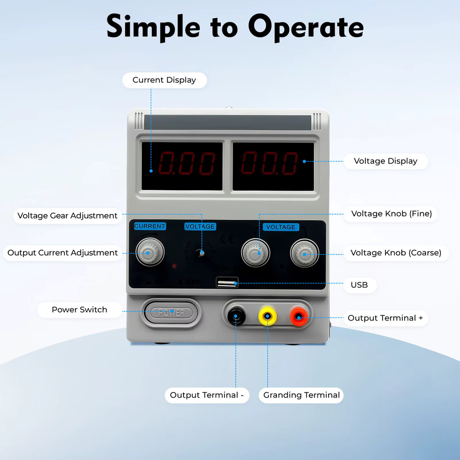 Bymaocar Spannungsstabilisator-Netzteil 50W 220V-240V in Grau mit LED-Anzeige und einstellbarer Spannung für Labor, Schule und Produktion - Bild 4