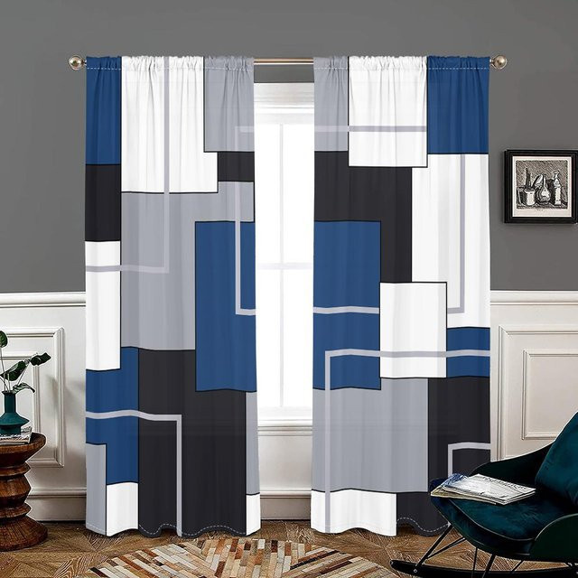 2er-Set Geometrische Vorhänge von Household supplies MH in Schwarz, Weiß, Grau und Blau mit 30 % Verdunkelung, B: 200 cm, H: 220 cm - Bild 1