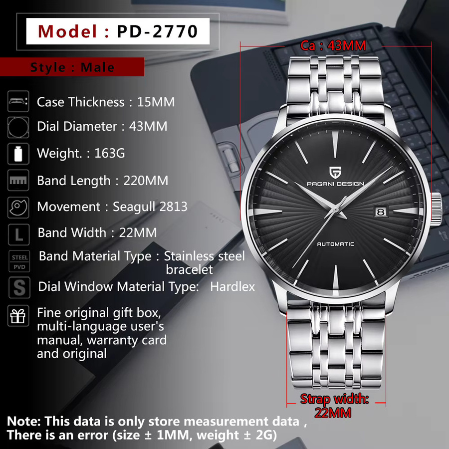 PAGANI DESIGN Armbanduhr Automatik, Edelstahl, Schwarz, Herren - Bild 5