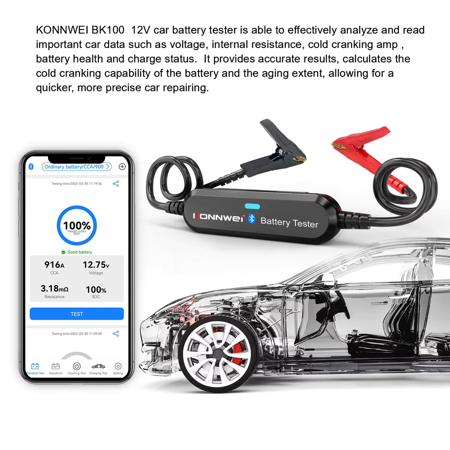 KONNWEi Bluetooth Autobatterietester zur Überwachung der Batteriespannung und zum Ladescan für 6V, 12V und 24V in Schwarz-Silber - Bild 4