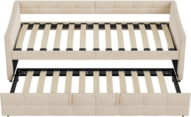 PXloue Schlafsofa Tagesbett als Polsterbett mit Ausziehfunktion und Seitentaschen in Beige aus Samtstoff, B/T/H: 180-200 x 200 x 75 cm - Bild 1
