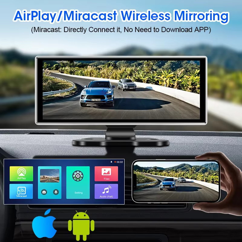 Srnubi 11,26 Zoll Dash Cam 4K Auto DVR Rückspiegel mit Carplay, Android Auto, Navigation und Dual Objektiv in Schwarz - Bild 3