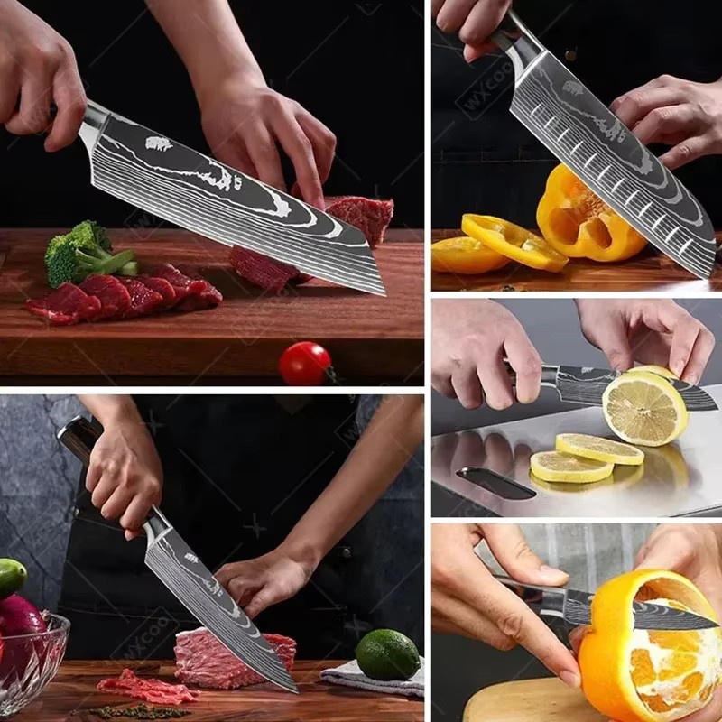 WXCOO Kochmesser-Set mit Damaskus-Muster in Silber für die professionelle Küche inklusive Messerblock und japanischem Gemüseschneider - Bild 4