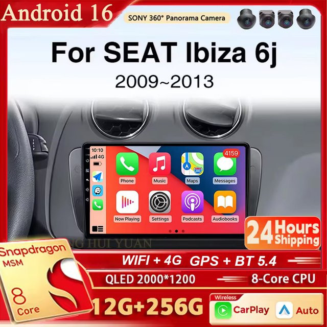 TIEYEZ Android 16 Autoradio mit CarPlay und Android Auto für SEAT Ibiza 6j 2009 - 2013, Multimedia-Player mit GPS, WiFi und Bluetooth, Schwarz - Bild 1