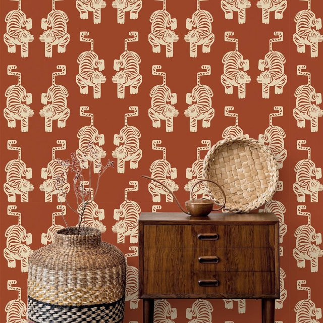 Pixel&Wall Tiger-Tapete in Orange mit aztekischem Vintage-Design, selbstklebend - Bild 1