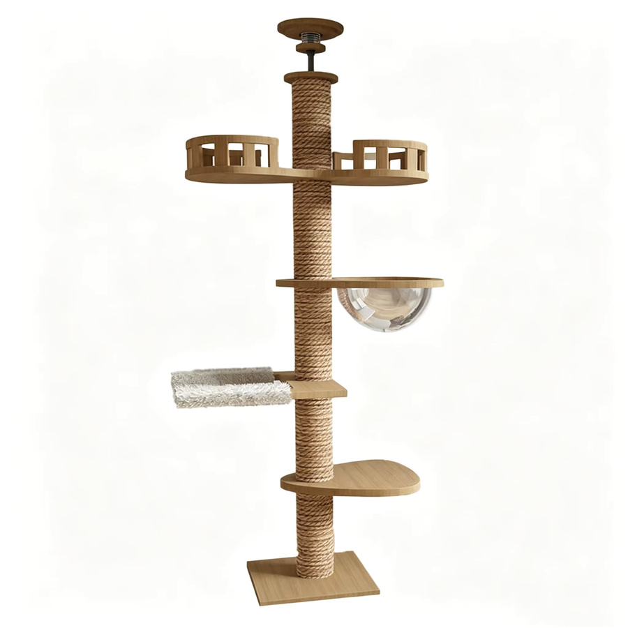 HGTUGO Verstellbarer Katzen-Kletterbaum in Beige und Gelb mit Plüsch-Hängematte und Kratzmöglichkeiten für Indoor-Haustiere - Bild 5