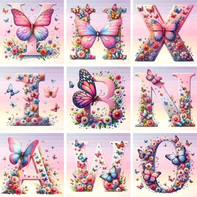 YUTTEE Diamond Painting Set Alphabet mit Blumen und Schmetterlingen, Multicolour, Full Round Drill Wanddekoration - Bild 1