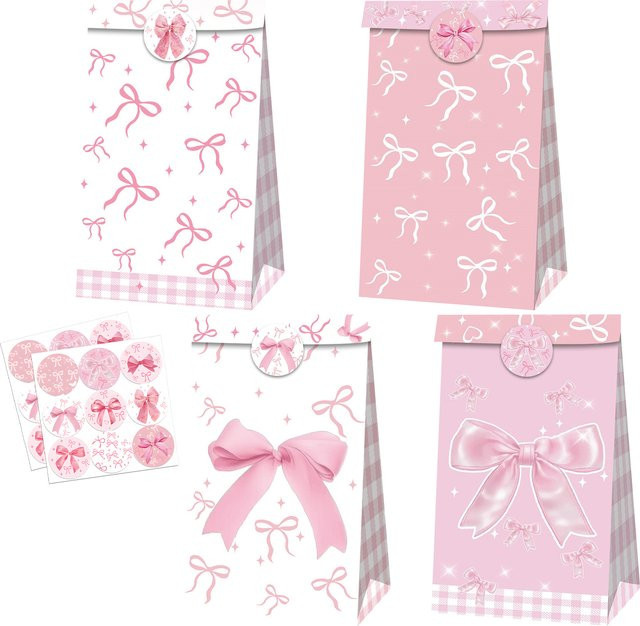 Rosa Kraftpapiertüte mit Cartoon-Schleifen-Design für Mädchen und Party-Geschenke - Bild 1