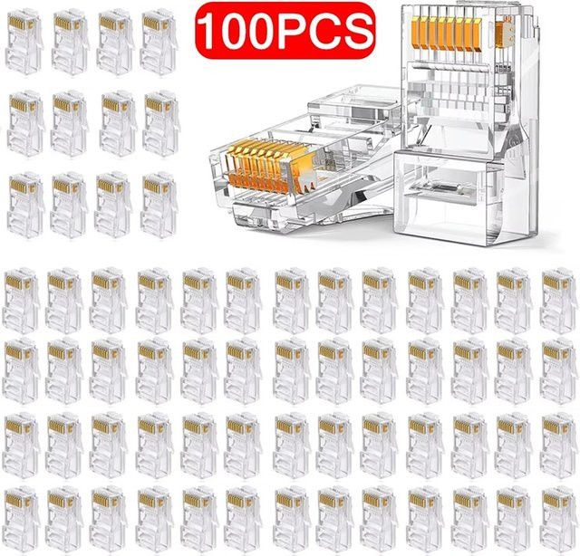 100 Stück Mrgabwte RJ45 Ethernet LAN Modulstecker Cat5 mit vergoldeten Kontakten in Transparent/Gold - Bild 1