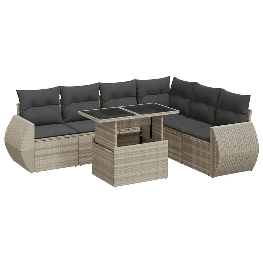 vidaXL 7-teilige Garten-Sofagarnitur in L-Form aus Poly-Rattan mit Kissen und Couchtisch in Hellgrau - Bild 2