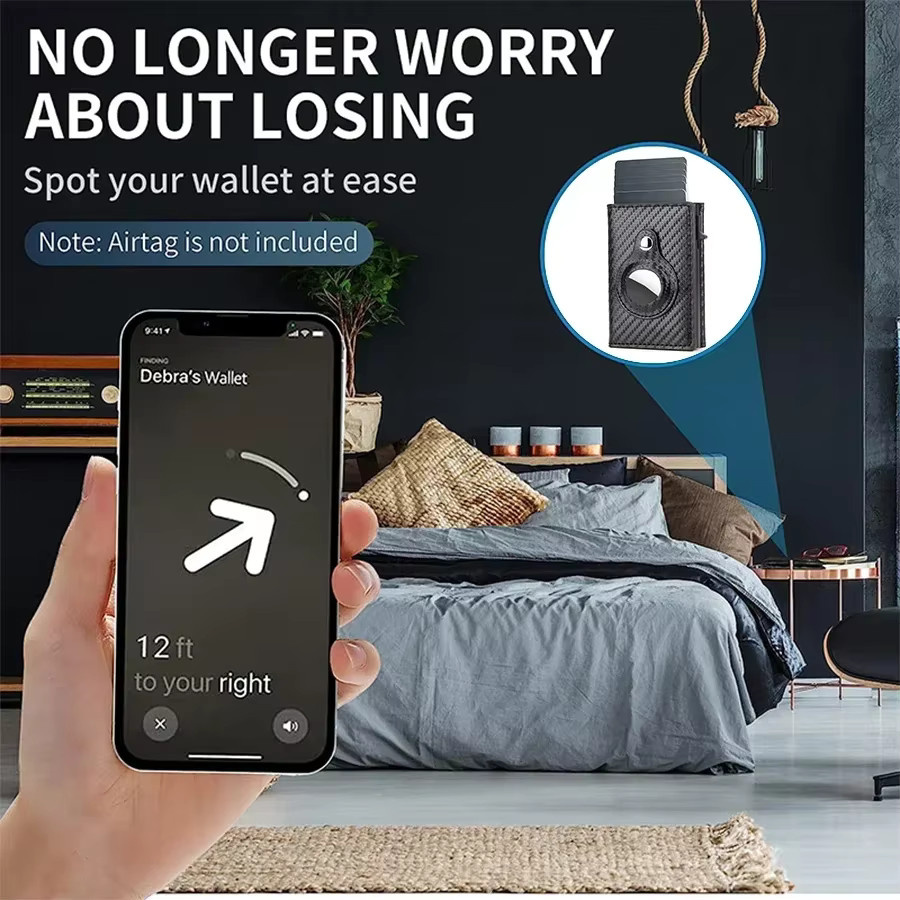 Minimalistische Geldbörse aus Kohlefaser mit automatischem Pop-Up-Kreditkartenhalter und AirTag-Halterung in Schwarz oder Braun - Bild 3