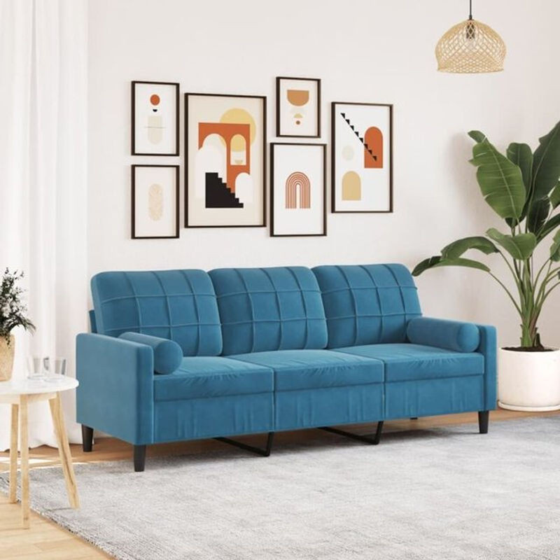 Modernes 3-Sitzer-Sofa aus Samt mit Zierkissen in Blau von vidaxl, Breite: 180 cm - Bild 1