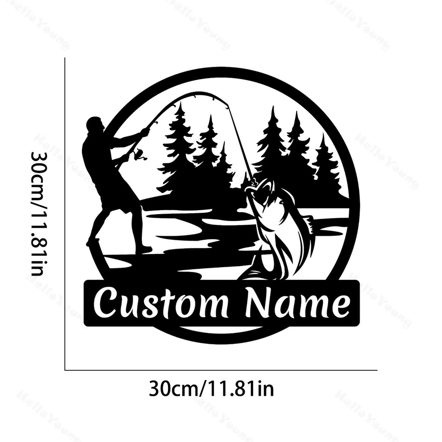 Personalisierbares rundes Metallschild von Hello Young mit Angelsilhouette in Schwarz zur Wanddekoration für Haus und Garten - Bild 2