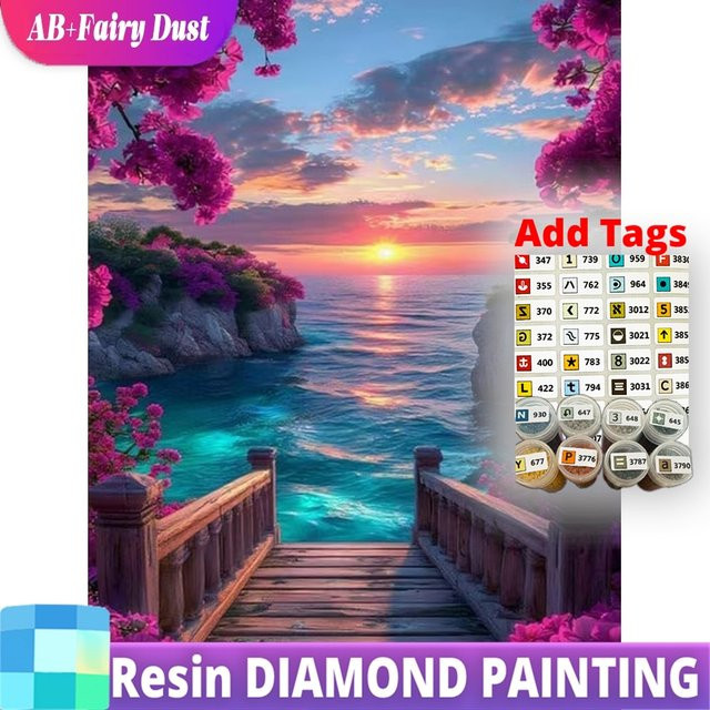 NIANHUA Diamantmalerei Sonnenuntergang Küstenlandschaft DIY Diamant-Mosaik Bild in Multicolour, B/H: 25 x 25 cm - Bild 1