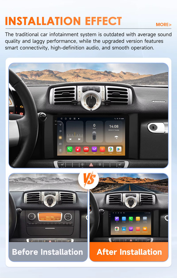 OSSURET Android 14 Autoradio für Smart fortwo 451 (2011-2015), 9 Zoll Display, Snapdragon 6115 Octa Core, kabelloses CarPlay und Android Auto, GPS-Navigation, Bluetooth, DSP, Schwarz - Bild 3