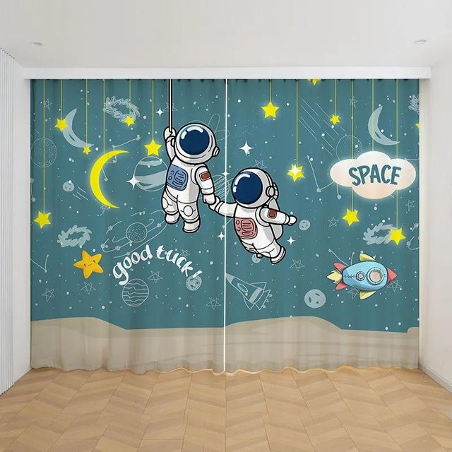 2er-Set Vorhänge mit Cartoon-Weltraum-Motiv für das Kinderzimmer, Astronaut und Rakete, Blau, B: 60 cm, H: 100 cm - Bild 1