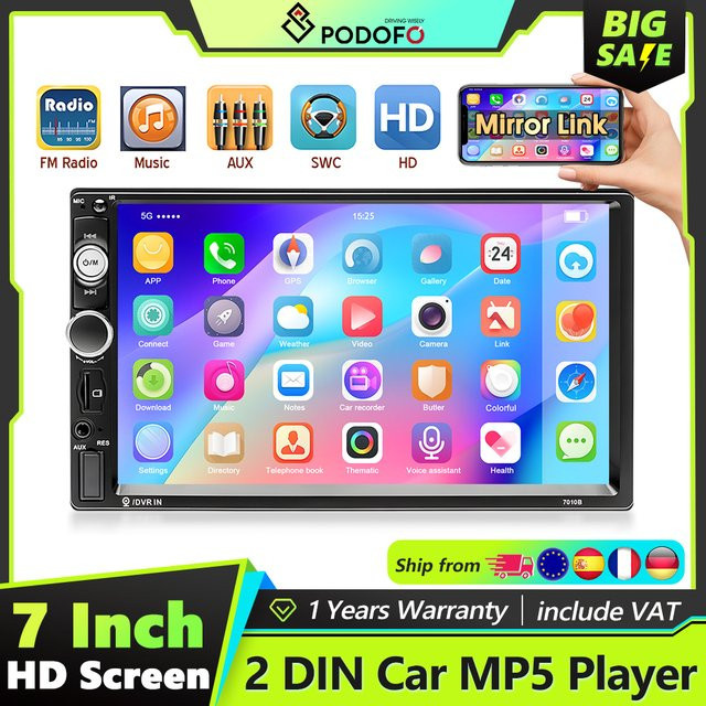 Podofo 2Din 7 Zoll Autoradio mit Android und iPhone Mirror Link, Bluetooth, FM-Radio, AUX und USB-Ladefunktion in Schwarz - Bild 1