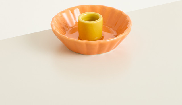Green Living Porzellan Kerzenhalter Orange mit Blütenranken und Zitronen für Stabkerzen und Teelichter - Bild 1