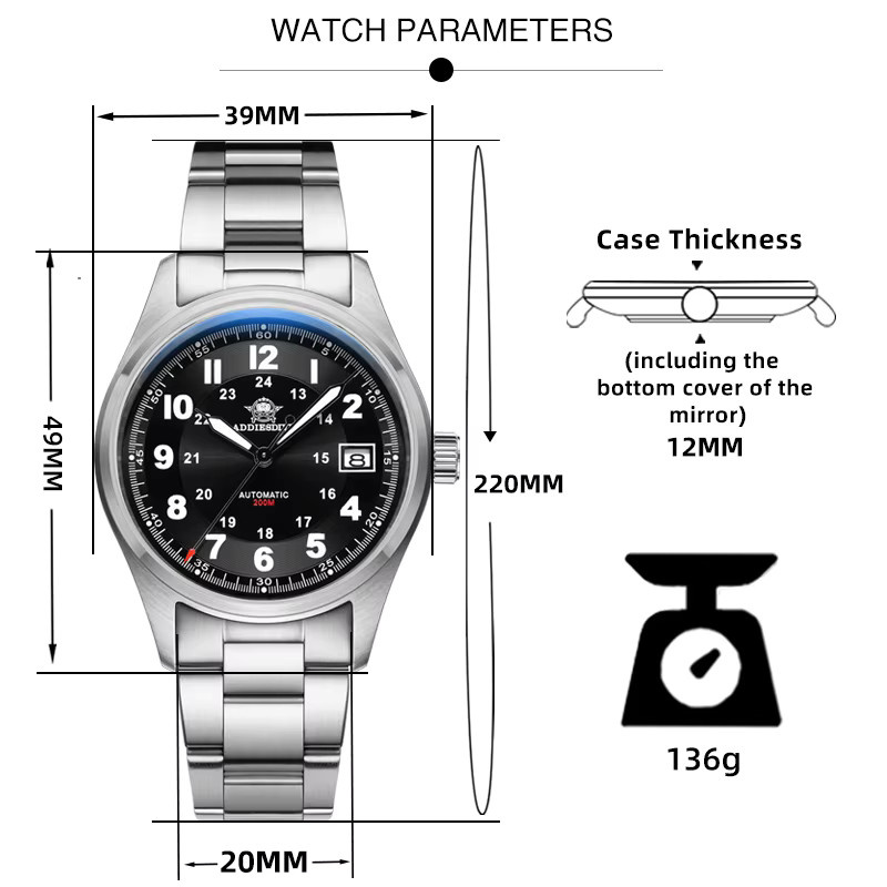 ADDIESDIVE Automatik Armbanduhr, 39 mm, Edelstahl, Herren - Bild 3