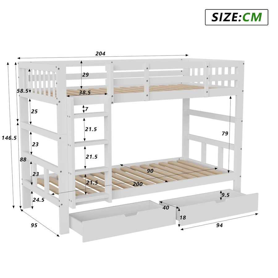 Rosahqnda Kinder-Etagenbett aus Massivholz mit 2 Schubladen, Multifunktionsbett in Weiß, B/T/H: 90 x 200 cm - Bild 2
