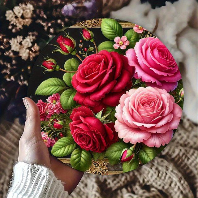Potdemiel Metall-Wandkunst Vibrant Rose Blossom Rundes Eisenschild Durchmesser: 20,3 cm - Bild 1