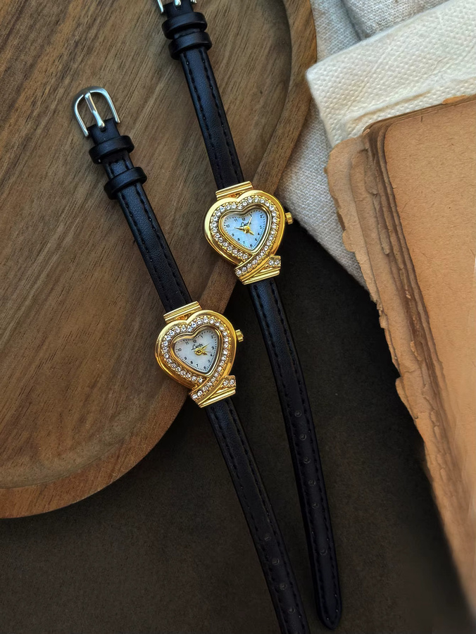 LSVTR Armbanduhr Quarz, herzförmig, Leder, Schwarz, Gold, Damen - Bild 5
