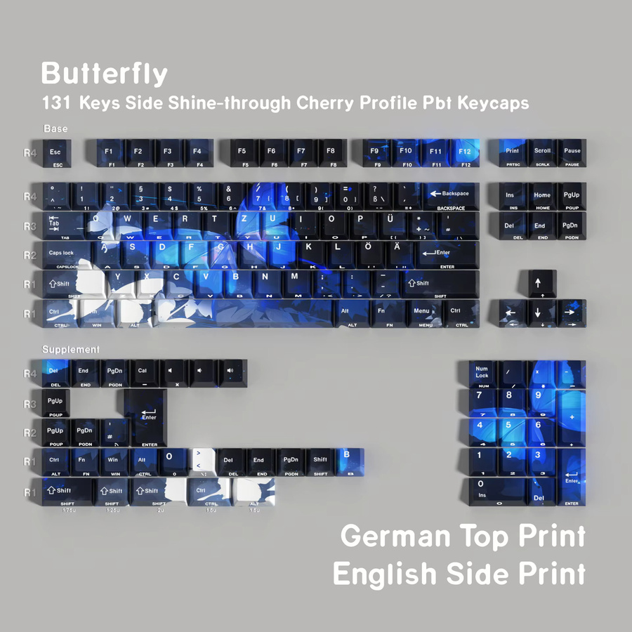 Readson PBT Tastenkappen im Cherry-Profil mit Butterfly-Tastenkappen für ISO-Layout, seitlich bedruckt, mehrsprachig (Deutsch, Hebräisch, Spanisch, Französisch, Russisch, Koreanisch) - Bild 3