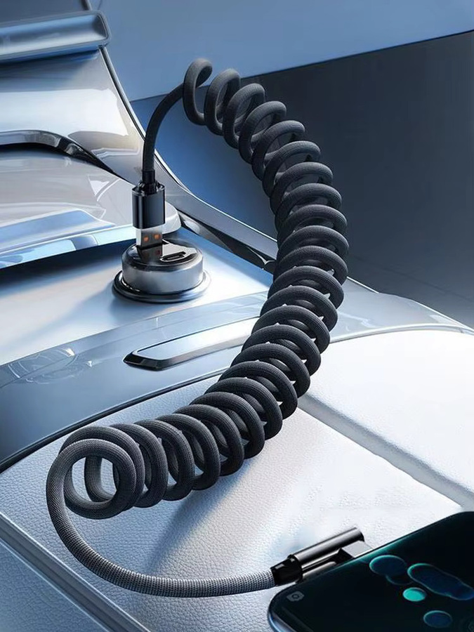 120W USB Typ-C Schnelllade-Spiralkabel in L-Form mit 90-Grad-Stecker, einziehbares Federkabel für Auto, Gaming und Mobiltelefone, Schwarz - Bild 5