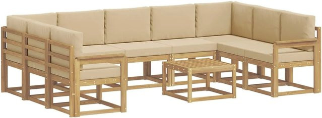vidaXL Outdoor-Sofagarnitur aus Akazienholz mit 10 Teilen in Weiß und Beige, bestehend aus 3-Sitzer-Sofa, Eckelementen und Couchtisch inklusive Polstern - Bild 1