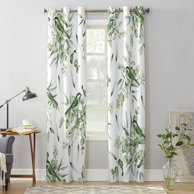 Binchi Outdoor Equipment Aquarell Fenstervorhang mit Sommergrünen Blättern und Vögeln, Semi-transparent, Weiß/Mehrfarbig, Breite: 135 cm, Höhe: 115 cm - Bild 1