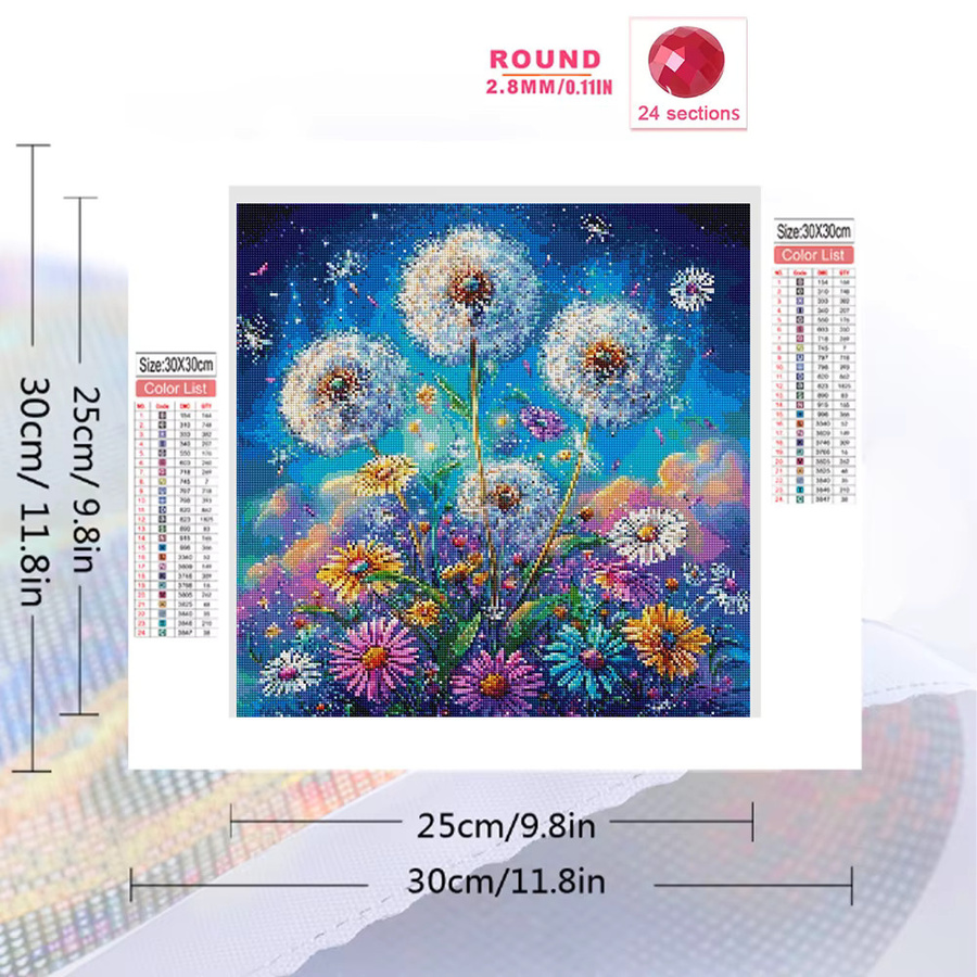 EverShine Diamant-Mosaik Blumenbild Gänseblümchen und Löwenzahn als quadratische Strass-Stickerei in Multicolour zur Heimdekoration - Bild 2
