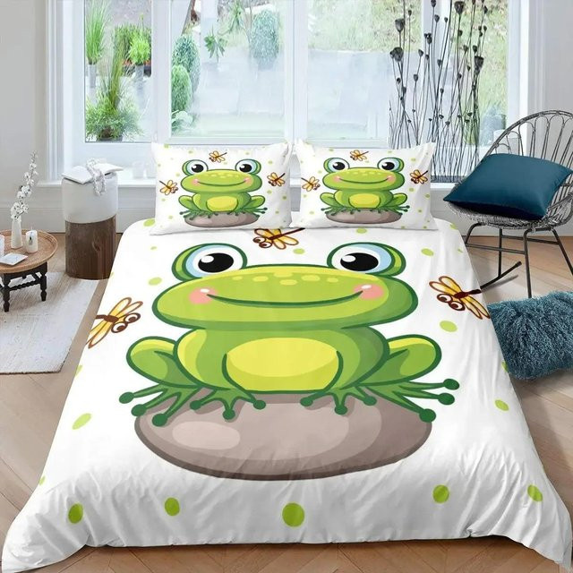 Bettwäsche Set mit Cartoon Frosch 3D Motiv in Grün Grau Weiß, bestehend aus Bettbezug und Kissenbezügen aus Mikrofaser, B/T/H: 200 x 220 cm und 50 x 70 cm - Bild 1