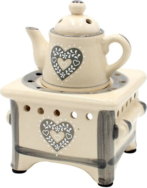 Dekohelden24 Duftlampe in Form eines Herdes mit Kanne und Herz, Grau, B/T/H: 12 x 12 x 17 cm - Bild 1