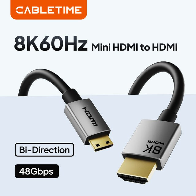 CABLETIME Mini HDMI auf HDMI Kabel in Schwarz, High-Speed HDMI 2.1 mit 8K 60Hz und 48Gbps für HDTV, Tablet und Kamera - Bild 1
