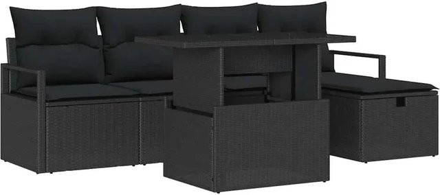 vidaXL Garten-Sofa-Set aus Polyrattan, 6-teilig mit Kissen, Schwarz - Bild 1