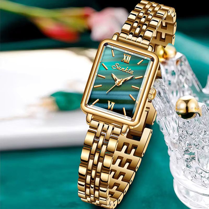 LIGE Armbanduhr Quarz, Edelstahl, Gold, Bicolor, Grün, Rechteckig, Damen - Bild 2