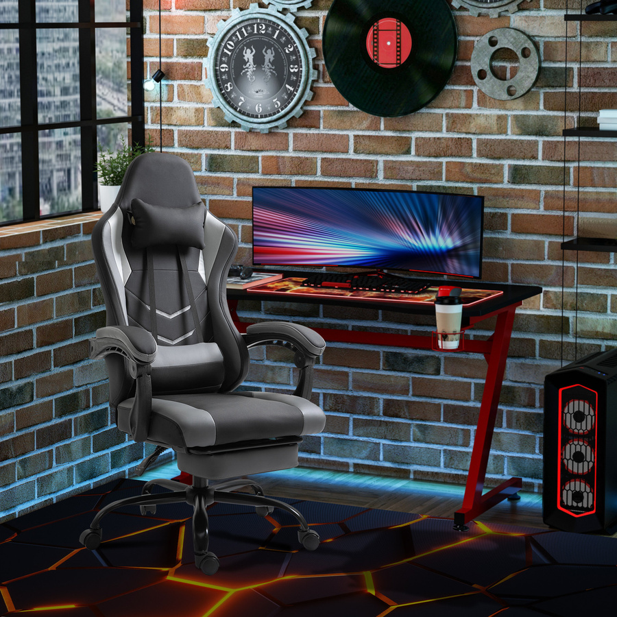 Vinsetto Gaming Sessel ergonomisch mit Kopfstütze und Lendenkissen, schwarz, höhenverstellbar mit Fußstütze und 360 Grad Drehsitz - Bild 2