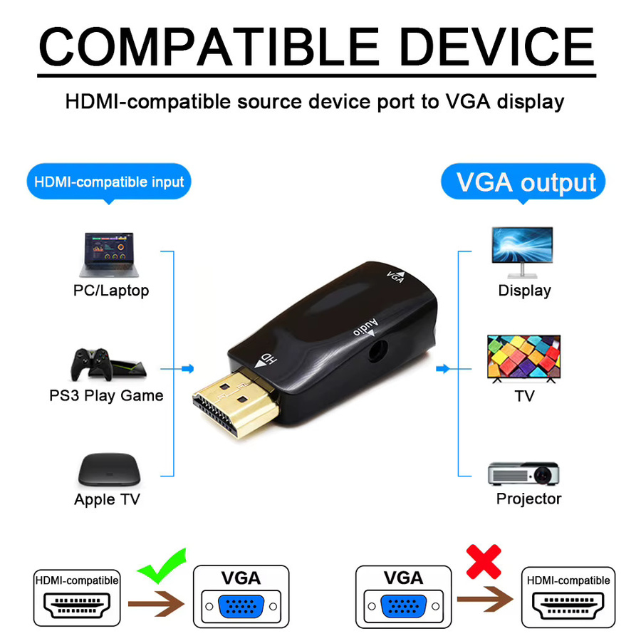 Mrgabwte HDMI zu VGA Kabelkonverter in Schwarz mit 3,5-mm-Klinkenstecker für Audio und HD 1080P - Bild 2